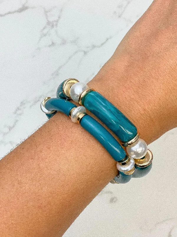 unique leather bracelet for gifts-Acrylic Pearl Tube Bracelet Set - Teal