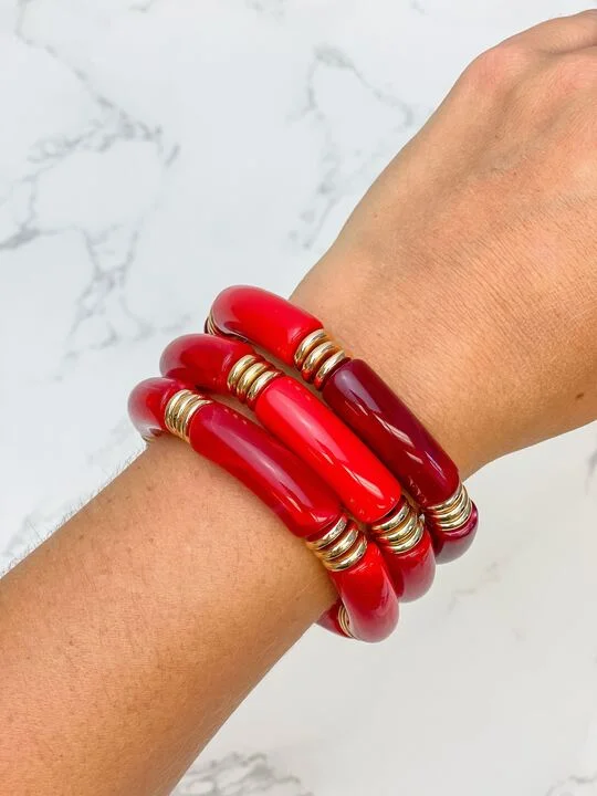 charm bracelet with initial letters-Acrylic Tube Stretch Bracelet Set - Red