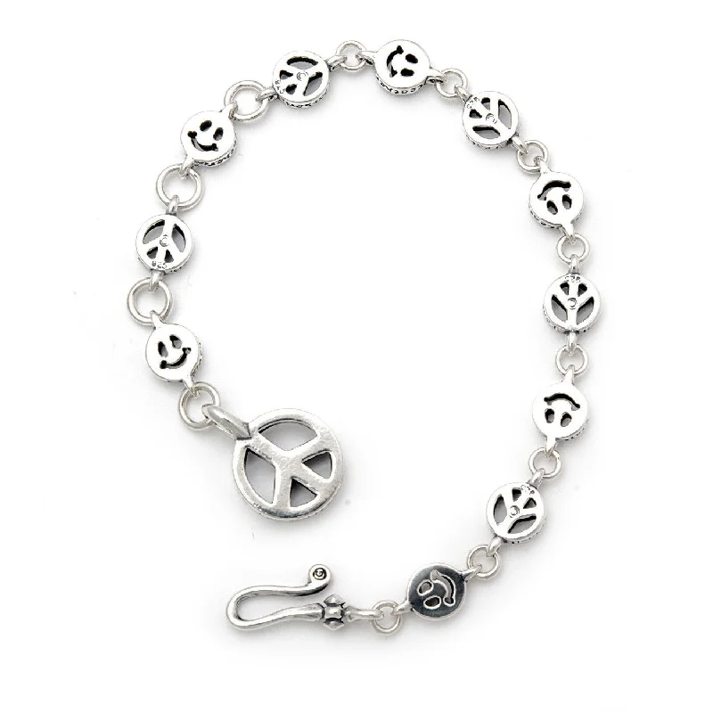 bracelet for anniversary with engraving-Alternating Small Happy Face and Peace Sign Links with Peace Fob Bracelet