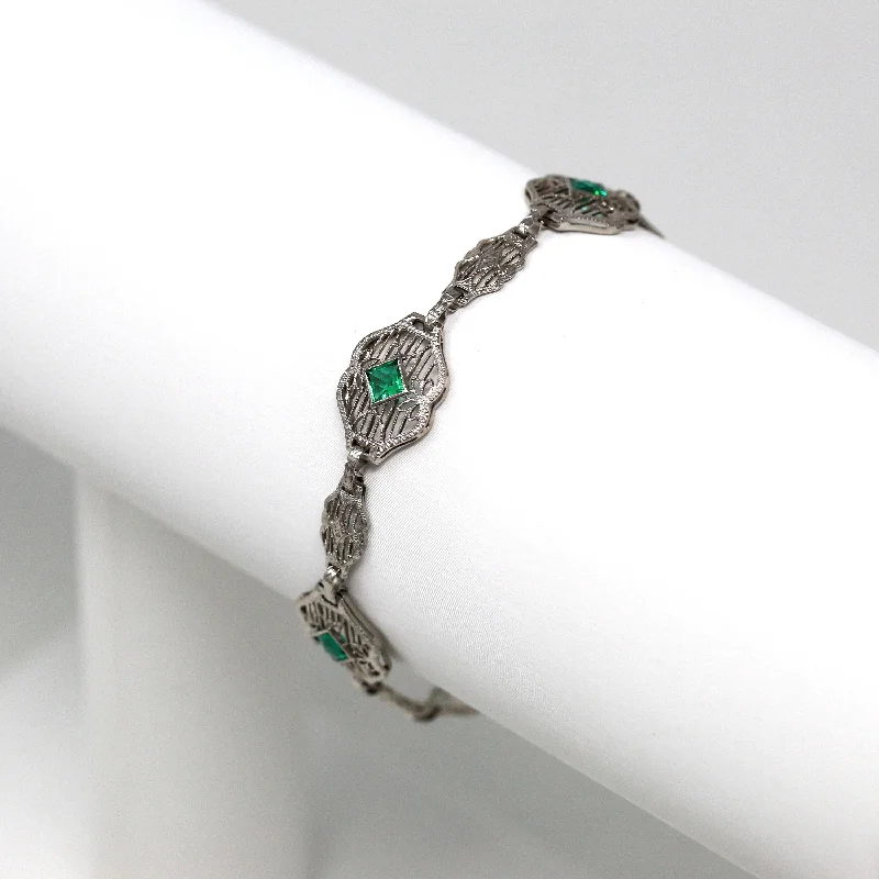 braided leather bracelet with beads-Sale - Art Deco Bracelet - Antique 14k White Gold Filigree Simulated Emerald Glass Stones - Vintage 1920s Era Bridal Wedding 7 Inch Jewelry