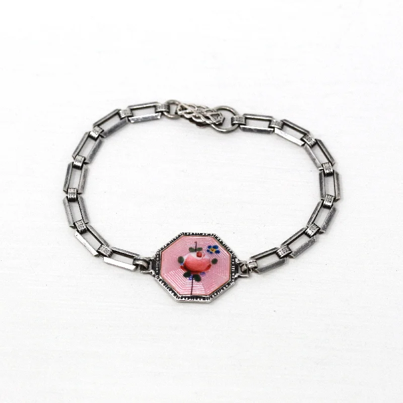 luxury beaded bracelet for women-Sale - Art Deco Bracelet - Vintage Sterling Silver Guilloche Pink Enamel Rose Flower - Circa 1930s Era Octagon Panel Statement 30s Jewelry