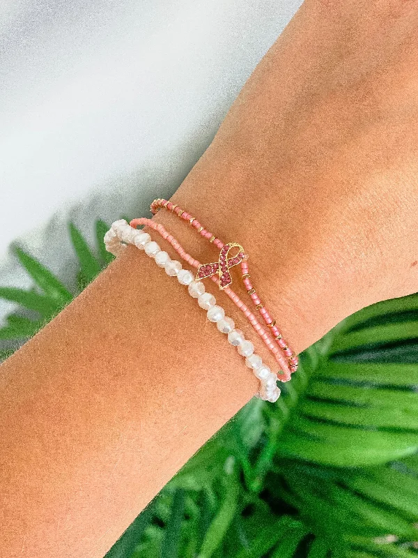 boho leather cuff bracelet-Breast Cancer Ribbon Stretch Bracelet Set