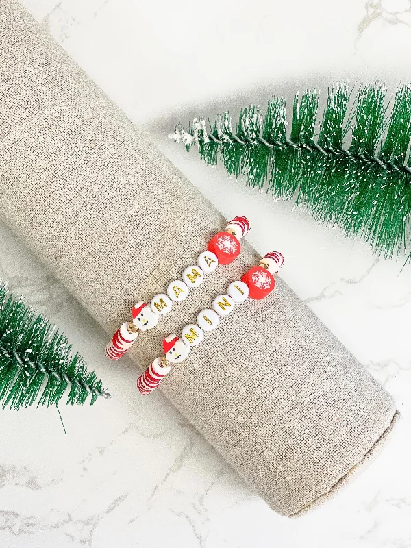 engraved bracelet with motivational quote-Christmas Mama + Mini Stretch Bracelet Set - Red & White