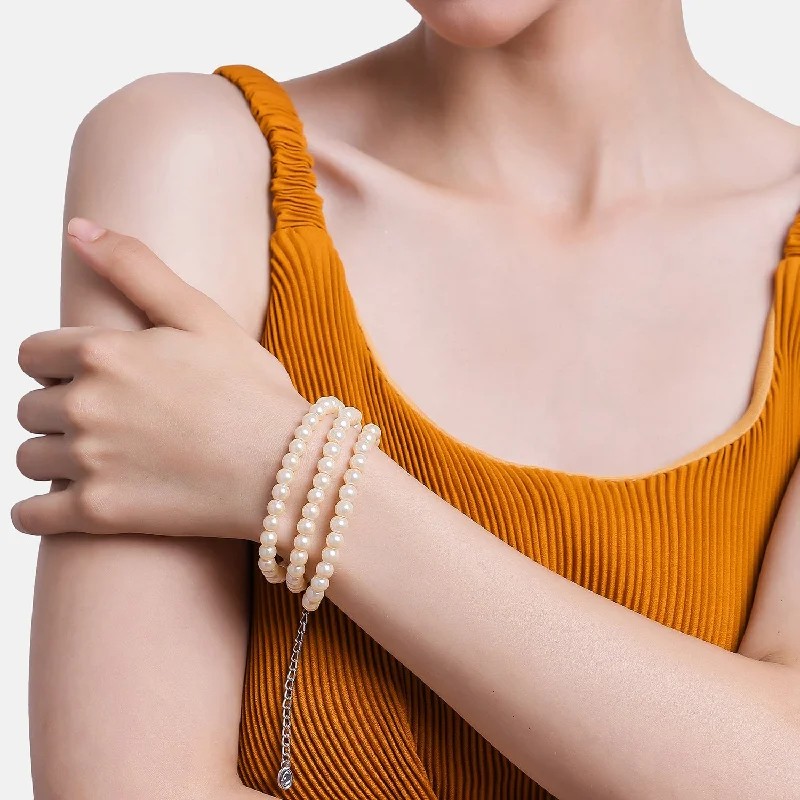 bangle bracelet with gemstone charm-Estele - Cream Pearl Three Line Bracelet