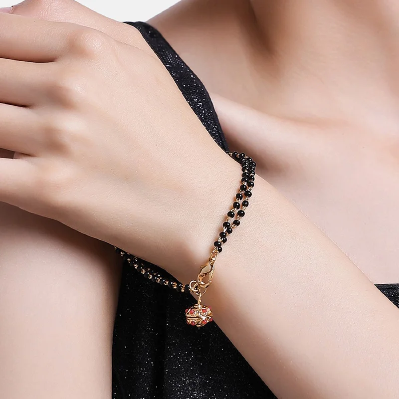 gold bracelet with stone charm-Estele Gold Plated Beautiful Black Beads Bracelet with Ruby Stones for Women