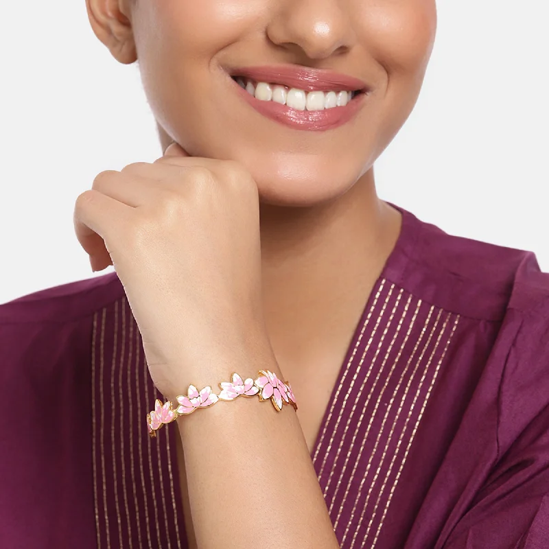 trendy charm bracelet for teenagers-Estele Gold Plated Appealing Lotus Designer Cuff Bracelet with Pink Enamel for Girl's & Women