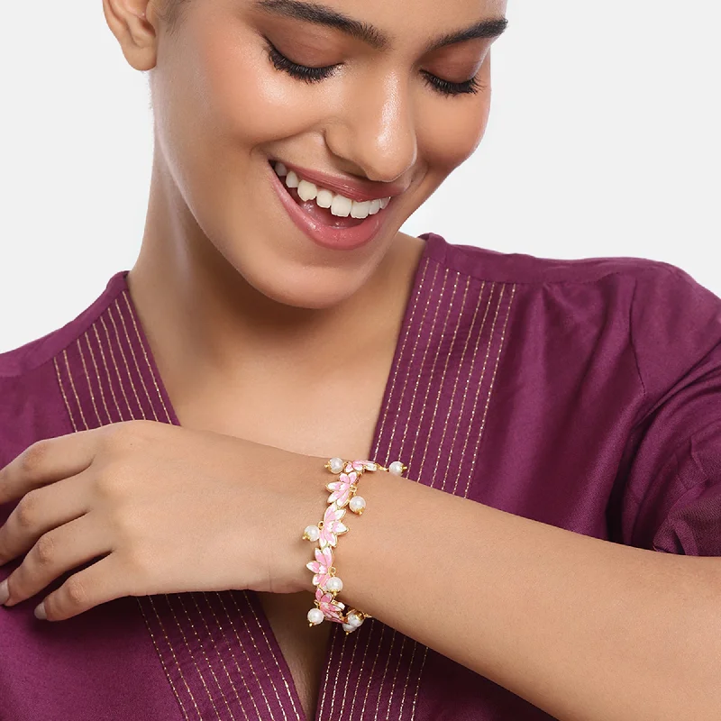 silver chain bracelet with engraving-Estele Gold Plated Charismatic Lotus Designer Pearl Drop Cuff Bracelet with Pink Enamel for Girl's & Women