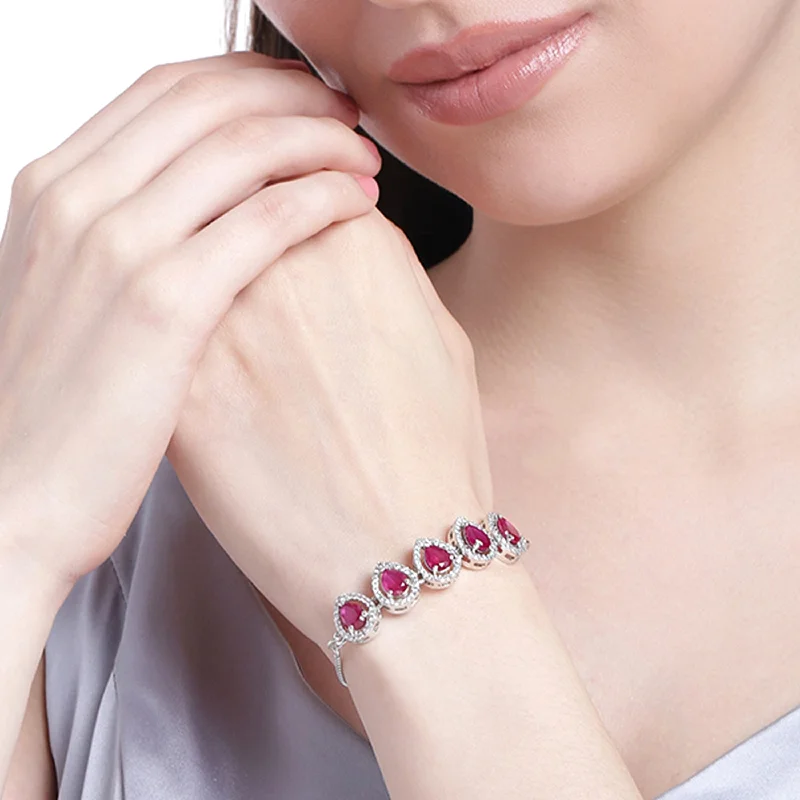 silver bracelet for everyday use-Estele Rhodium Plated CZ Precious Pears Bracelet with Ruby Crystals for Women