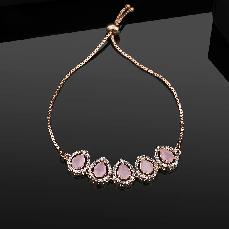 classic charm bracelet for women-Estele Rose Gold Plated CZ Precious Pears Bracelet with Mint Pink Stones for Women