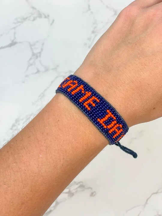 delicate beaded bracelet for teens-'Game Day' Beaded Adjustable Bracelet - Navy & Orange