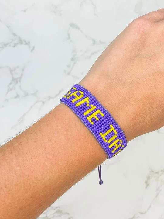 custom engraved cuff bracelet-'Game Day' Beaded Adjustable Bracelet - Purple & Yellow