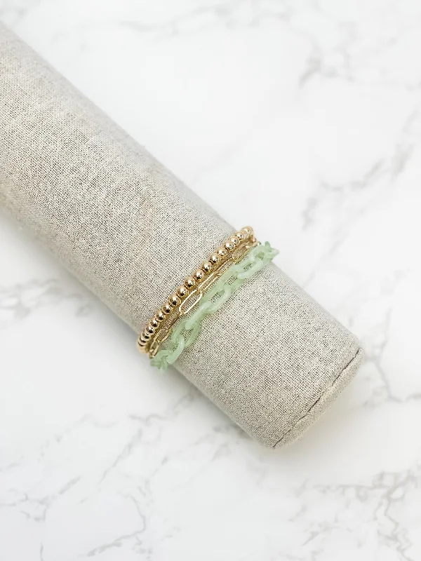 leather bracelet with anchor charm-Gold Link & Chunky Chain Layer Bracelet - Green