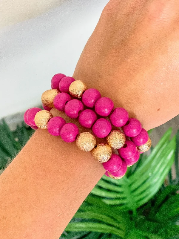 elegant bangle bracelet for women-Gold & Color Bead Bracelet Stack - Pink