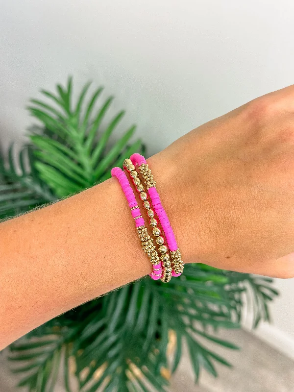 stacking bracelets for girls-Gold & Hot Pink Stack Stretch Bracelet Set