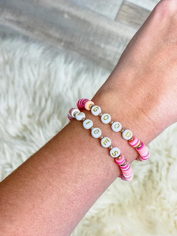 personalized charm bracelet-'Good Vibes' Stretch Bracelet Set - Pink Multi