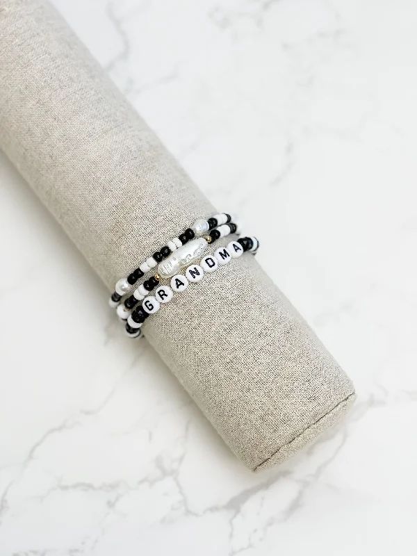 adjustable bracelet with gemstone charm-'Grandma' Beaded Stretch Bracelet Set - Black & White