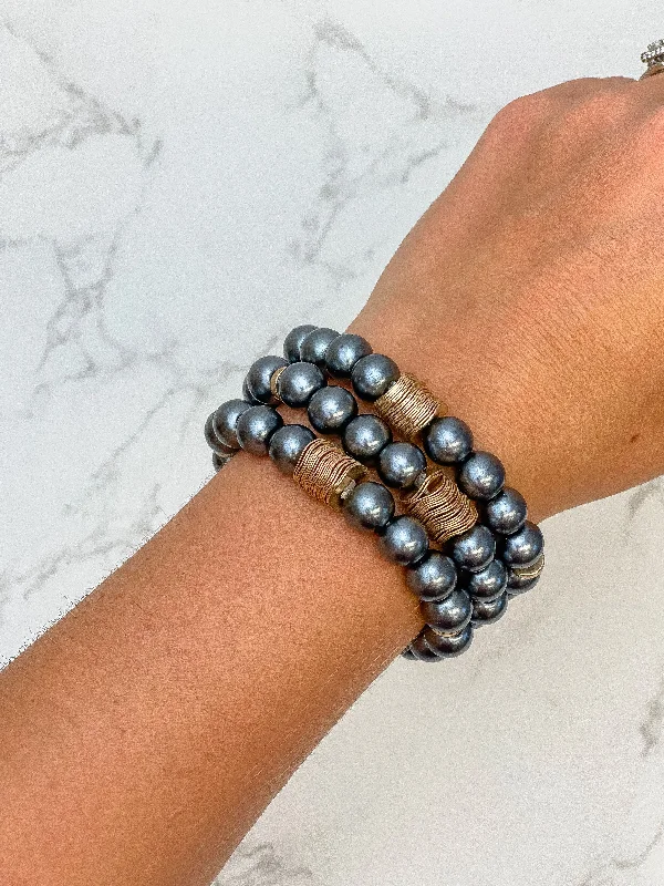 handmade bracelet for anniversary-Gray Pearl Beaded Bracelet Stack