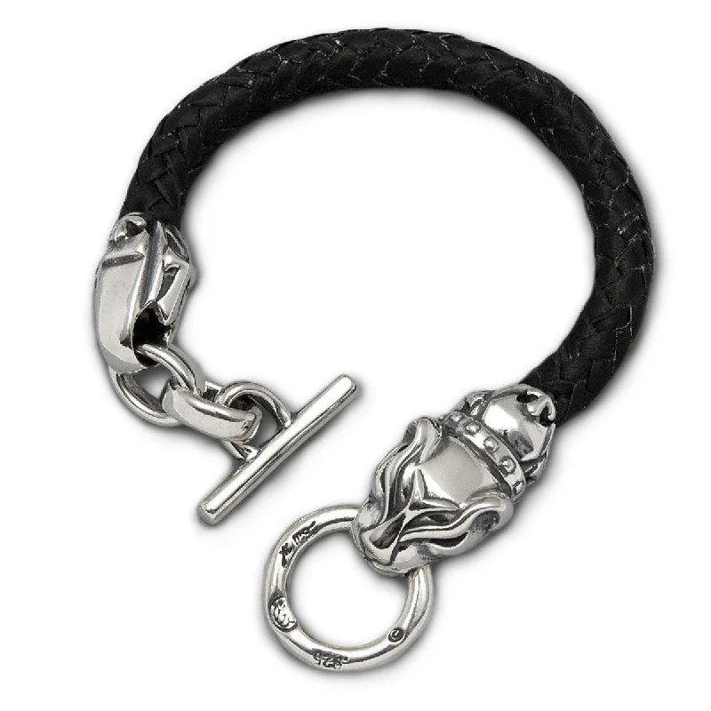 stylish gemstone bracelet-Leather Braided Panther Head Bracelet