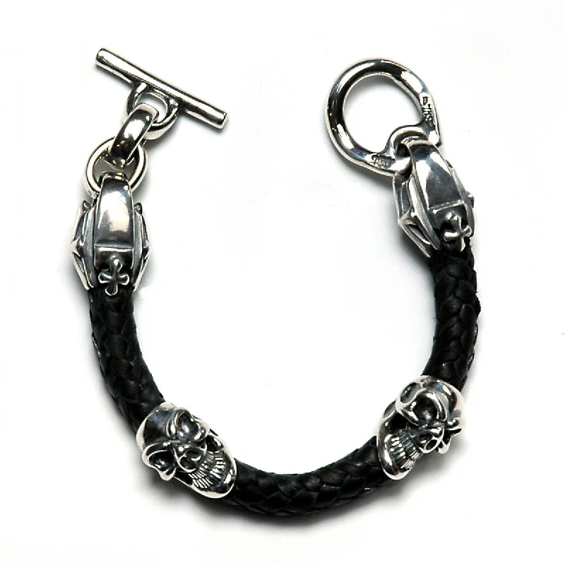 engraved silver bracelet for him-Leather Braided with Skull Beads Bracelet