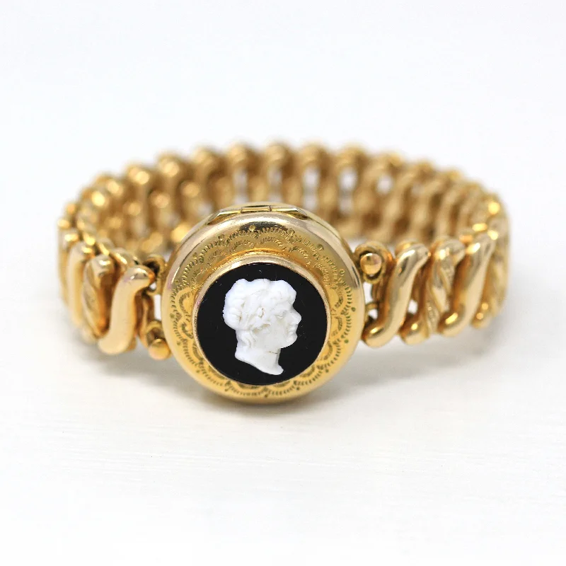 minimalist gold bracelet for men-Sale - Locket Expansion Bracelet - Gold Filled Expanding Stretch S Link Cameo - Vintage 1940s Era Keepsake Black & White Glass 40s Jewelry