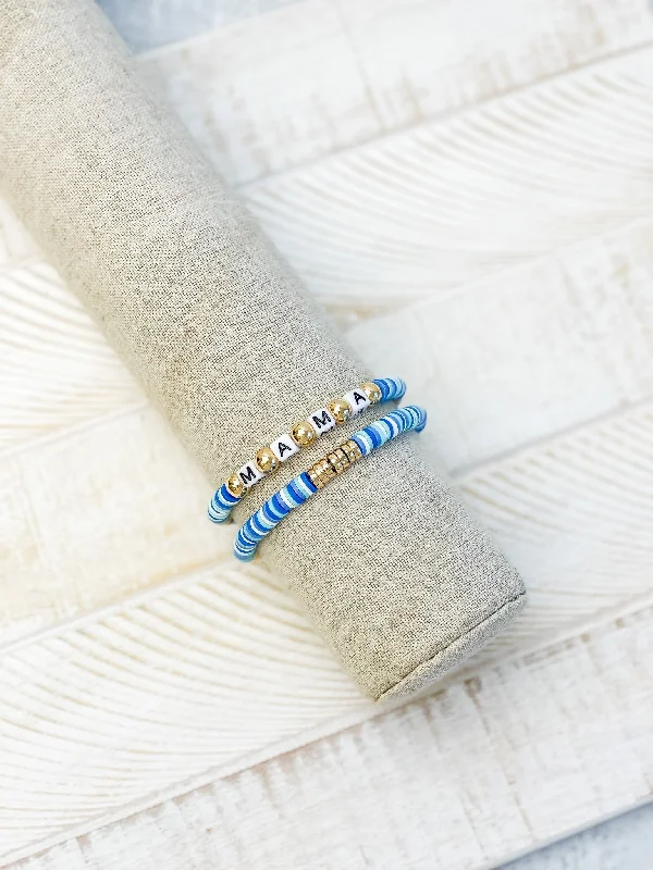 stackable beaded bangles-'Mama' Stretch Bracelet Set - Blue & Gold