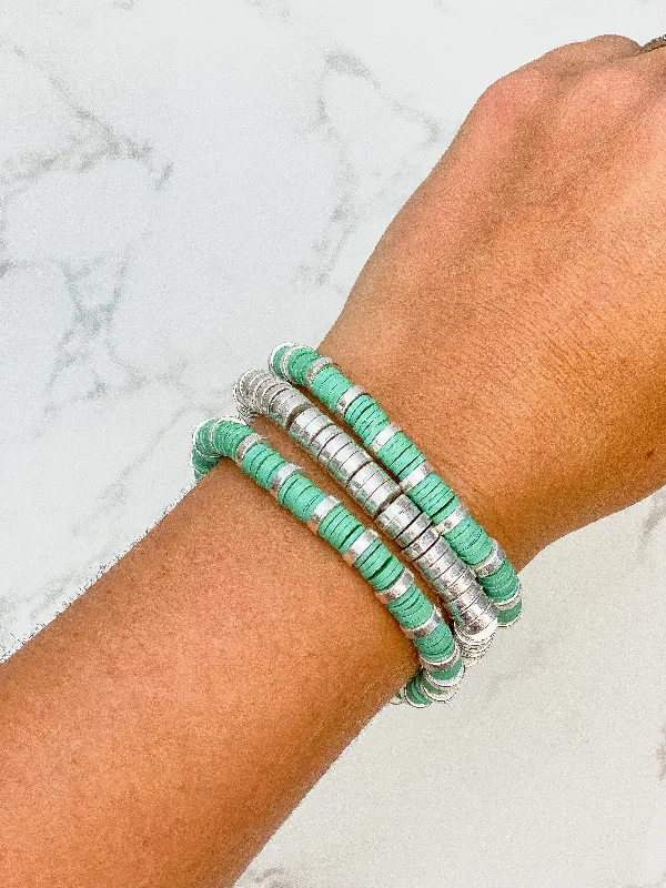 simple silver charm bracelet-Mint Disc Stretch Bracelet Set