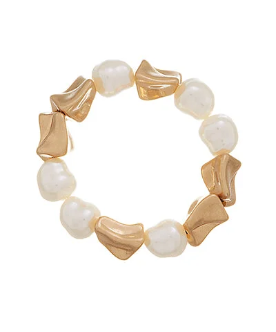 bangle bracelet with gemstone charm-Organic-Shaped Pearl & Bead Stretch Bracelet