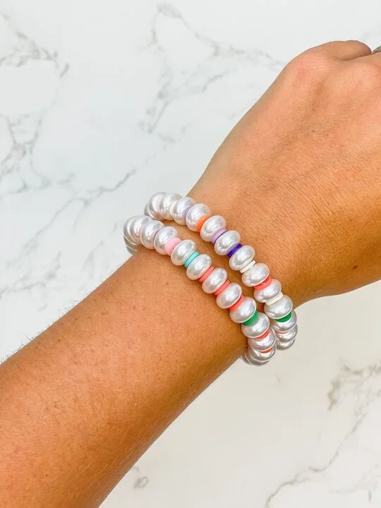 luxury leather charm bracelet-Rainbow Pearl Stretch Bracelet Set