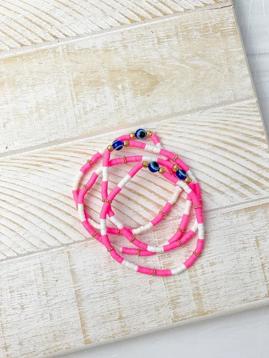 boho style charm bracelet-Rubber Disc Evil Eye Beaded Stretch Bracelet Stack - Hot Pink