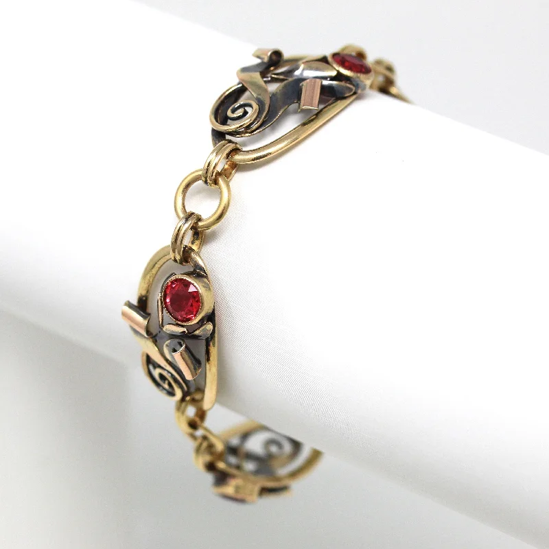 pearl and silver bracelet-Sale - Simulated Ruby Bracelet - Retro 12k Gold Filled On Silver Red Glass Stones Flowers - Vintage 1940s Fashion Accessory Carl Art Jewelry