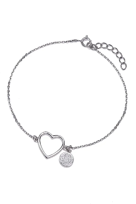 custom bracelet with couple’s initials-Sterling Silver Crystal Cut Out Heart and Disc Charm Bracelet