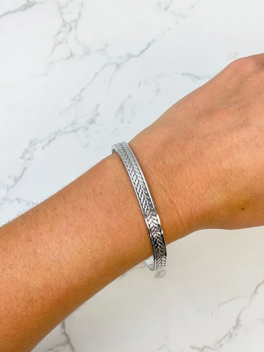 bracelet with engraved date-Textured Metal Cuff Bracelet - Silver