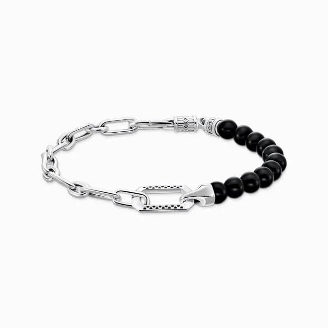 engraved leather bracelet for men-Sterling Silver Black Onyx Beads And Chain Bracelet A2088-507-11