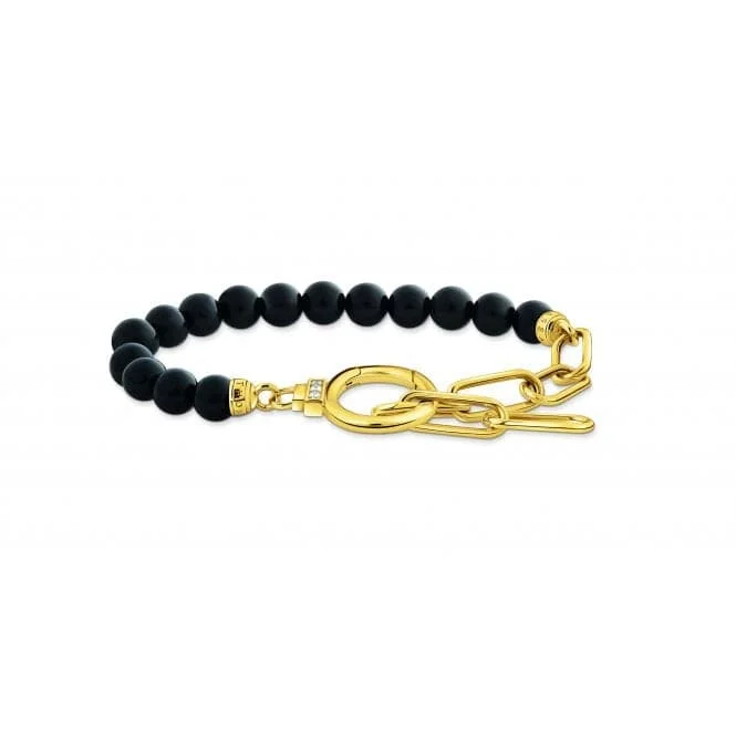 adjustable pearl bracelet-Sterling Silver Gold Plated Onyx Beads Zirconia Bracelet A2134-177-11-L19V