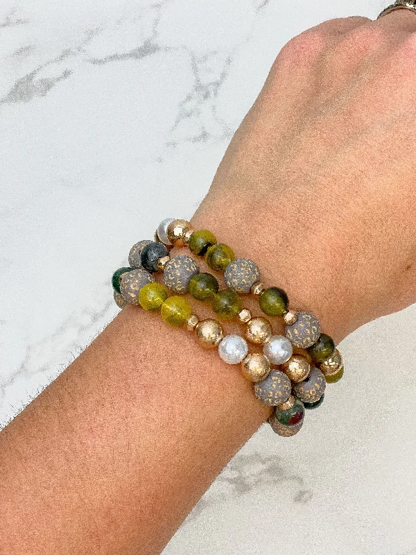 bracelet for anniversary with engraving-Tortoise Stone & Gold Beaded Stretch Bracelet Set