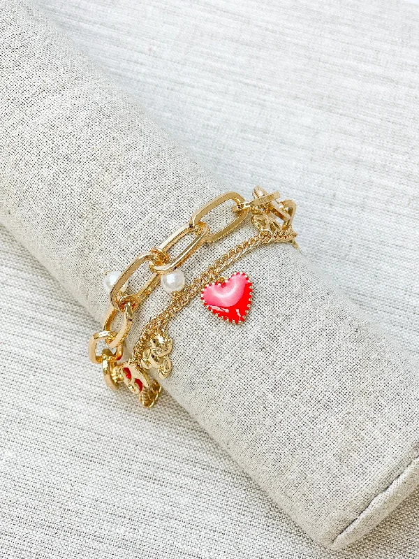 multi-layered beaded bracelet-Be Mine Charm Bracelet - Gold