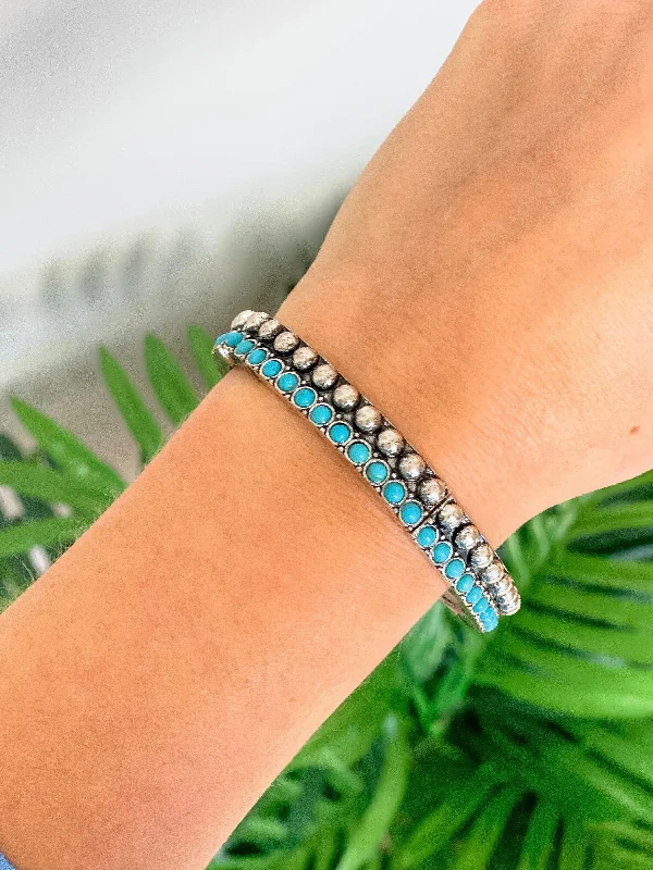 braided leather bracelet with beads-Western Studded Stretch Stack - Turquoise