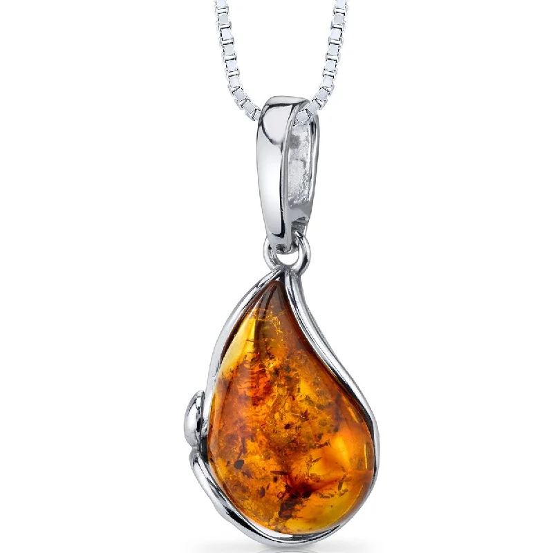 spiritual gemstone necklace -Amber Teardrop Pendant in Sterling Silver