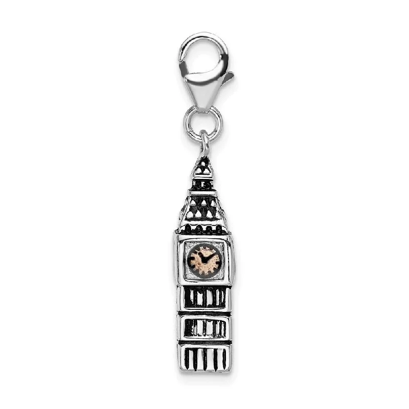 geometric pendant necklace gold -Diamond2Deal 925 Sterling Silver 3-D Antiqued Big Ben Lobster Clasp Pendant (L- 42 mm, W- 8 mm)