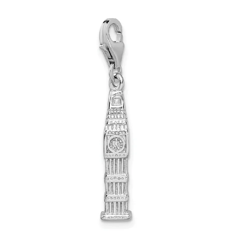 butterfly pendant necklace silver -Diamond2Deal 925 Sterling Silver 3-D Polished Clock Tower Lobster Clasp Pendant (L- 43 mm, W- 7 mm)