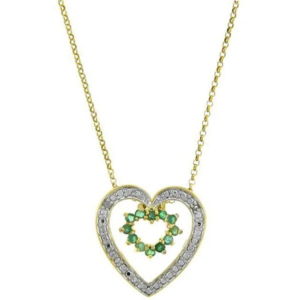 boho stone necklace -Dolce Giavonna 18k Gold over Sterling Silver Emerald and Diamond Heart Necklace