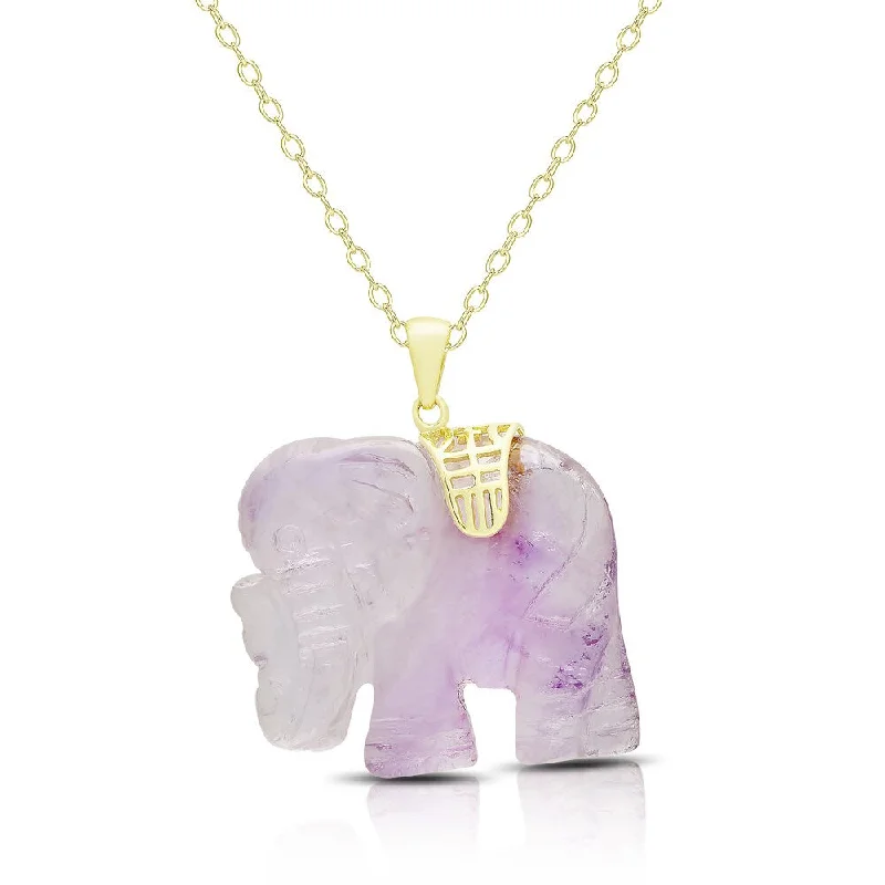 engraved gemstone pendant necklace -Dolce Giavonna Gold Over Silver Carved Dyed Lavender Jade Elephant Necklace