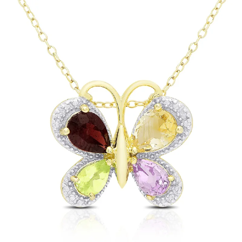 crystal teardrop necklace -Dolce Giavonna Gold Over Silver Multi Gemstone and Diamond Accent Butterfly Necklace