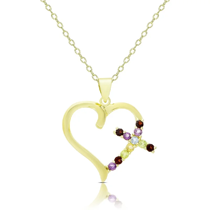 infinity bracelet and necklace set -Dolce Giavonna Gold Over Sterling Silver Multi Gemstone Heart and Cross Necklace