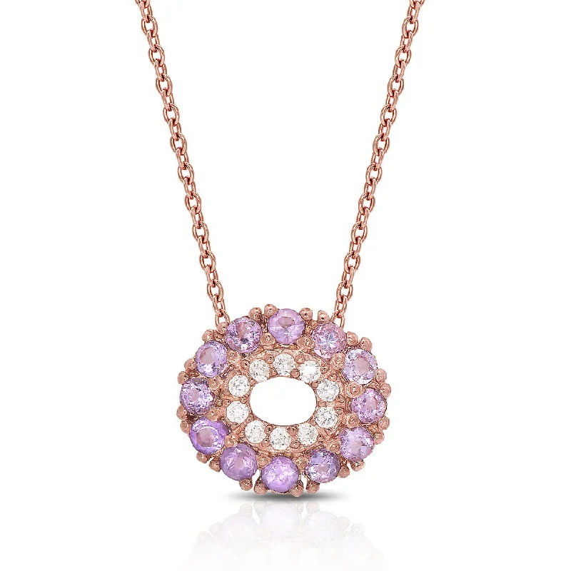 double layer silver necklace -Dolce Giavonna Rose Gold Over Sterling Silver Gemstone and Cubic Zirconia Circle Necklace