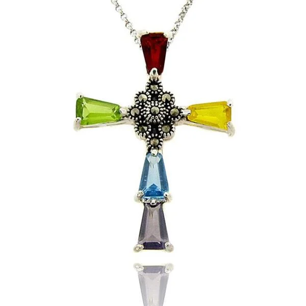 personalized long necklace -Dolce Giavonna Silver Multi-colored Cubic Zirconia and Marcasite Cross Necklace