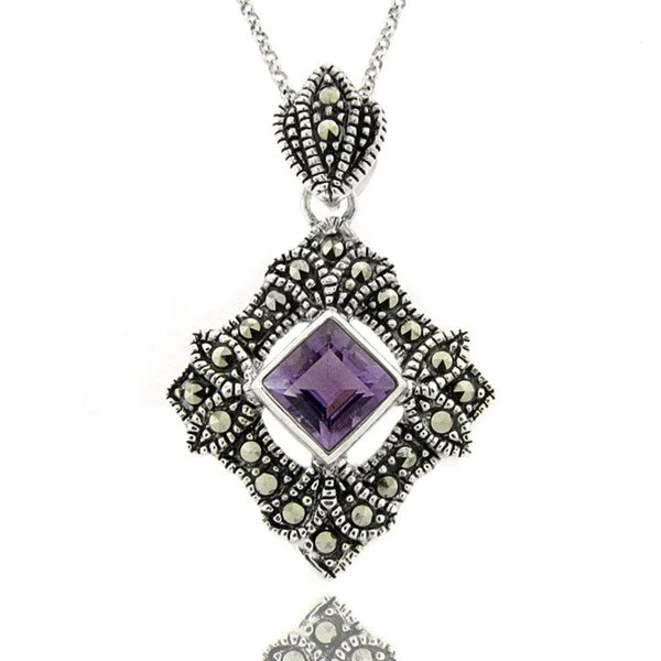 vintage floral necklace -Dolce Giavonna Silver Overlay Amethyst Marcasite Geometric Necklace