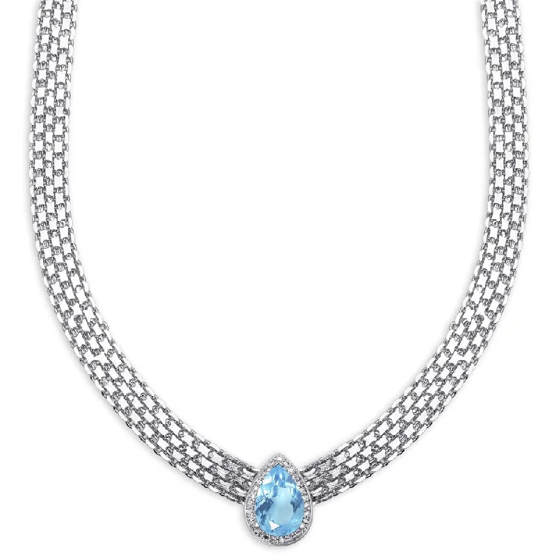 name necklace for birthday -Dolce Giavonna Silver Overlay Pear-cut Blue Topaz and Diamond Accent Byzantine Necklace