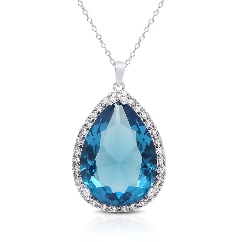 custom charm pendant necklace -Dolce Giavonna Silver Overlay Simulated London Blue Topaz Cubic Zirconia Teardrop Necklace