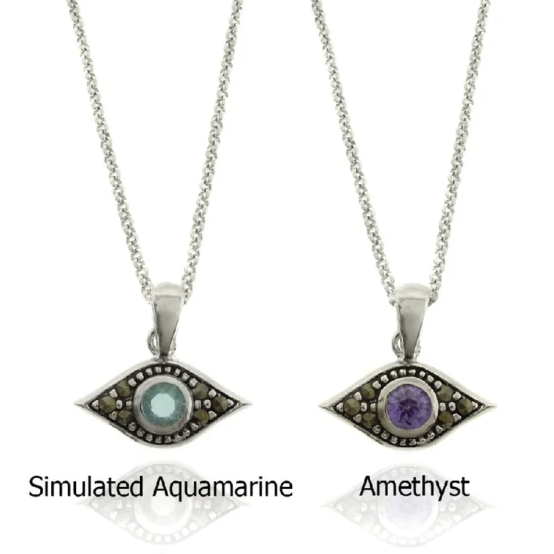 birthstone necklace for wife -Dolce Giavonna Silverplated Gemstone and Marcasite Evil Eye Necklace